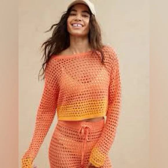 Aerie - Orange Crochet Vacay Knit Set - medium top + medium bottom NWOT - Picture 5 of 17